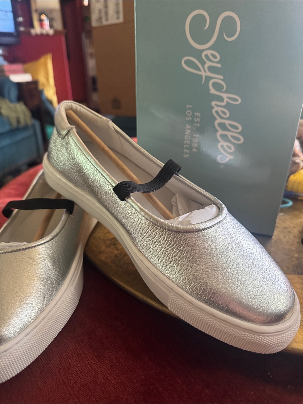 Seychelles Metallic Silver Elastic-Strap Platform Ballet Flats